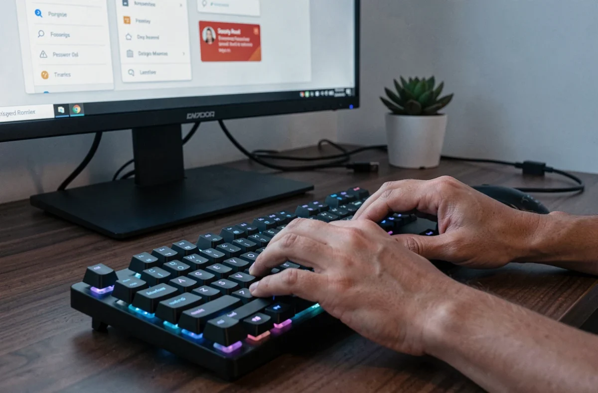 Gros plan de mains tapant sur un clavier avec une alerte de sécurité de gestionnaire de mots de passe à l'écran