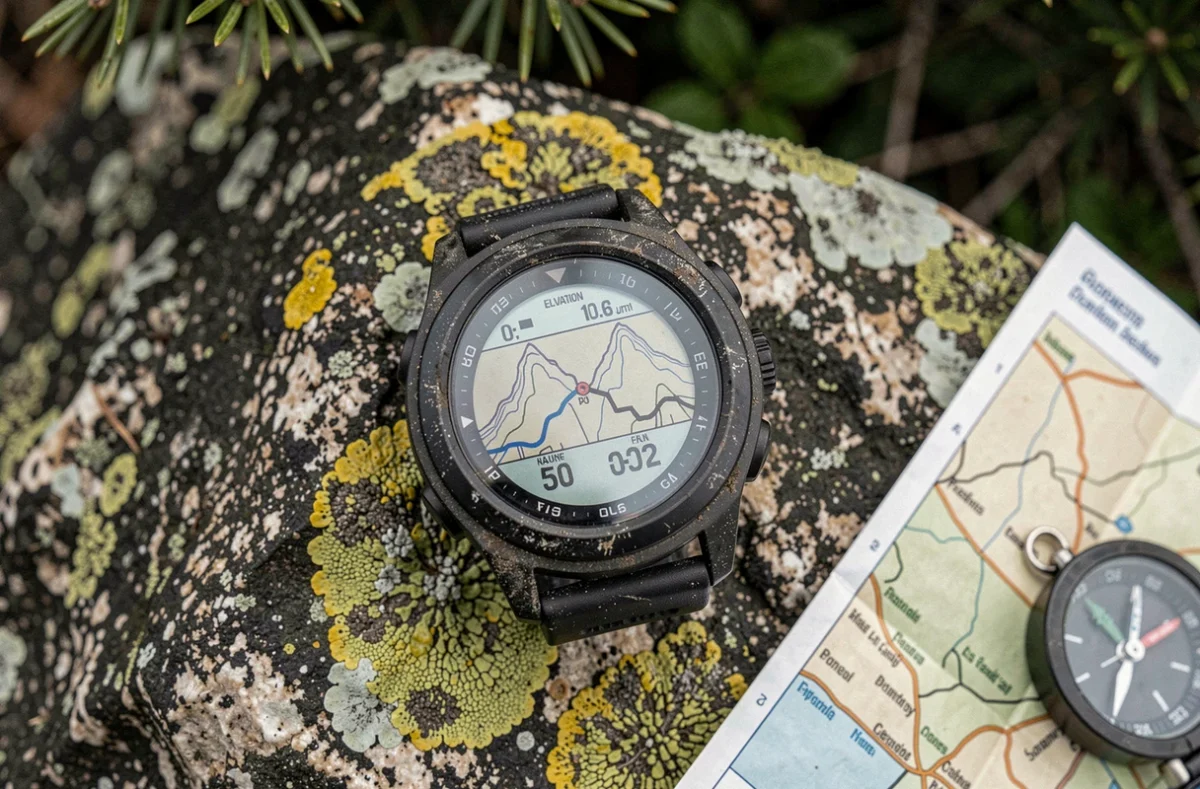Gros plan d'une montre GPS de randonnée posée sur un rocher en granit avec carte et boussole en montagne