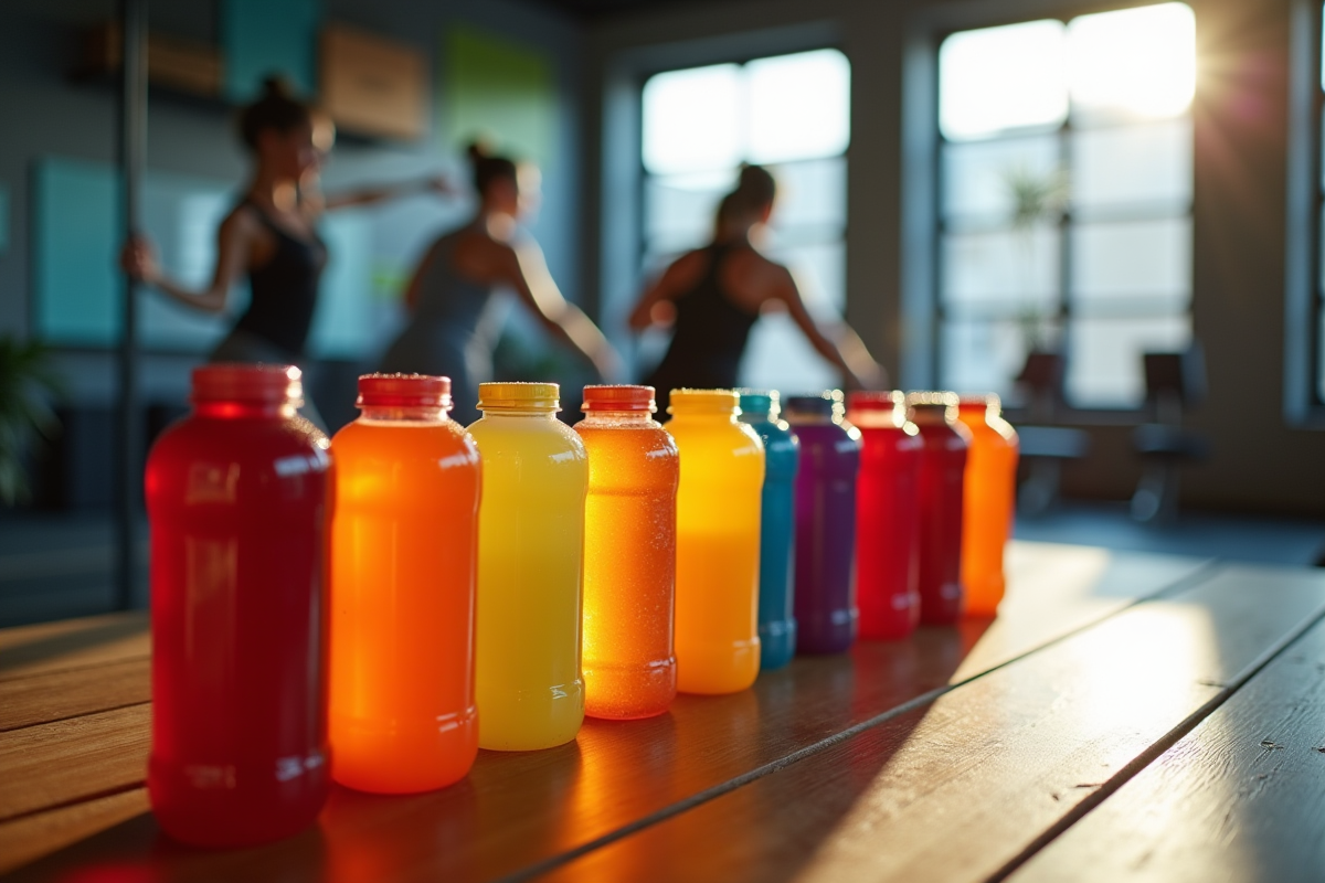 Groupe d'athletes dans une salle moderne avec boissons énergisantes