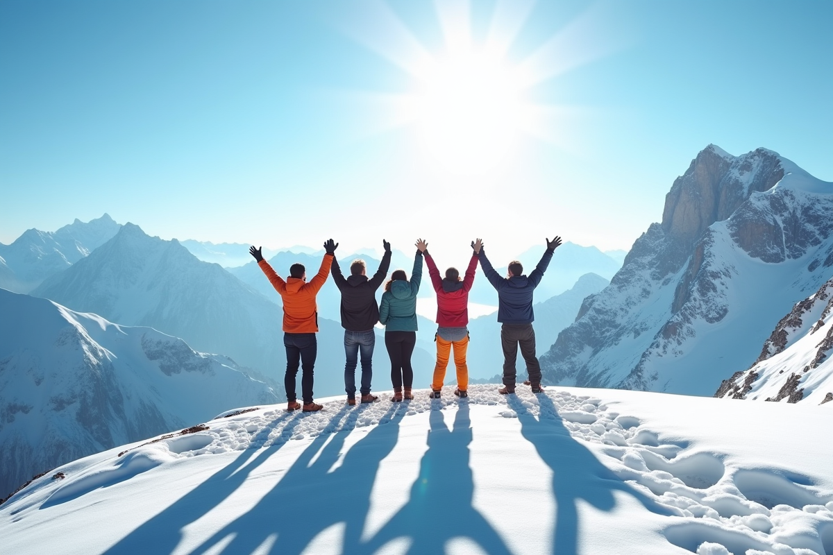 Groupe de débutants en escalade sur un plateau enneige en haute altitude