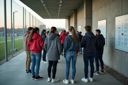 Jeunes et adultes devant le panneau de r&egrave;gles du complexe sportif