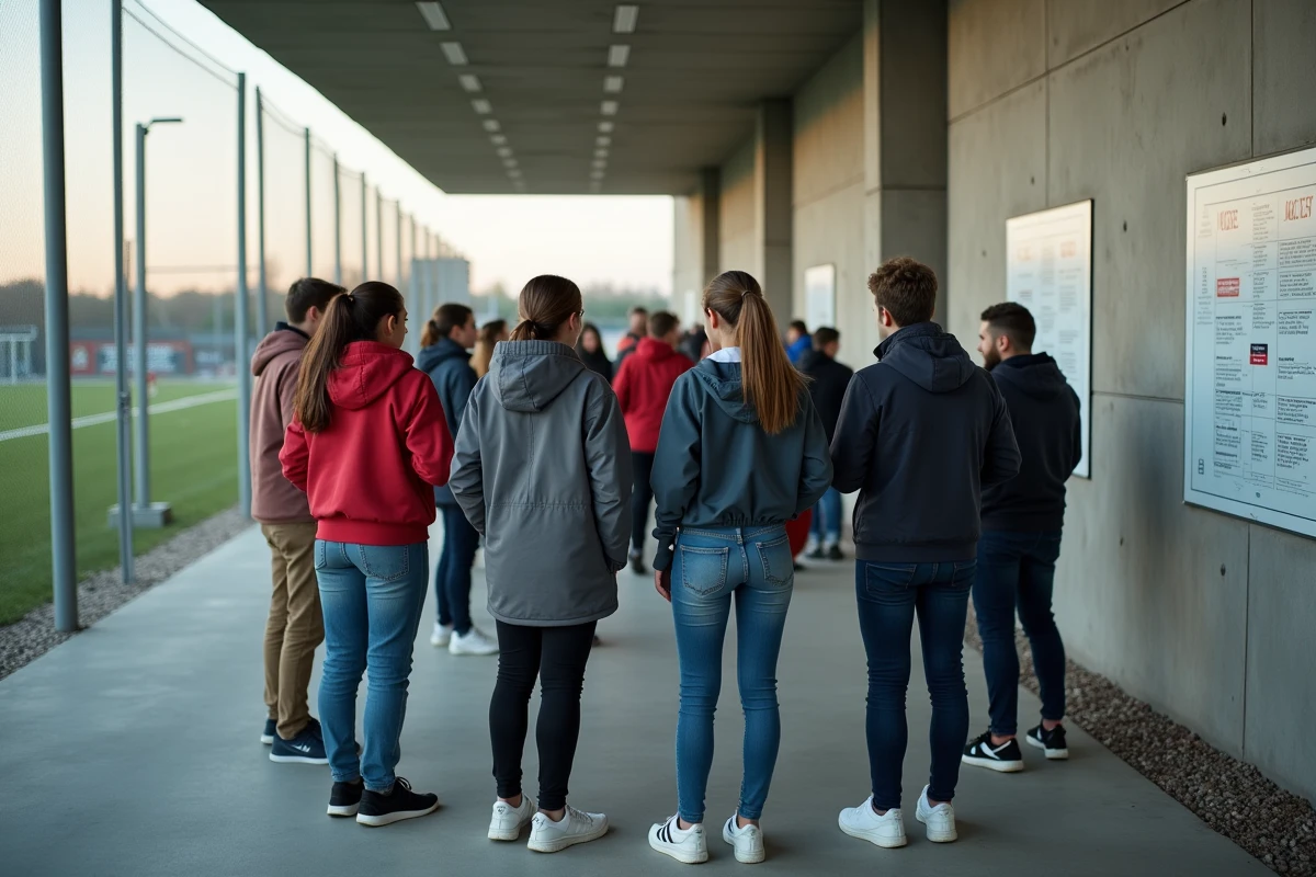 Jeunes et adultes devant le panneau de règles du complexe sportif