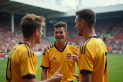 Groupe de footballeurs des années 1990 sur le terrain