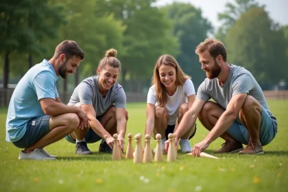 Groupe d'adultes arrangeant des quilles molkky dans un parc