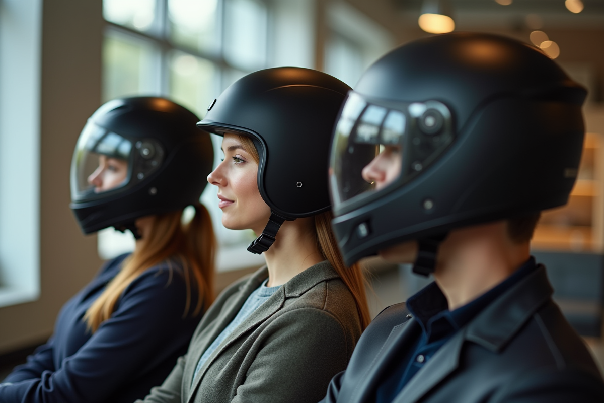 Trois personnes essayant des casques dans un showroom moderne