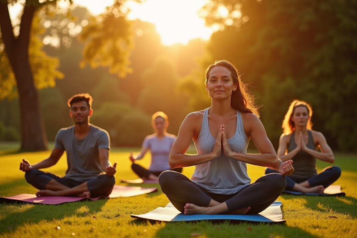 Groupe divers pratiquant Pilates en plein air au coucher du soleil