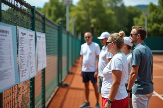 Groupe d'adultes autour d'un tableau de tournoi de tennis