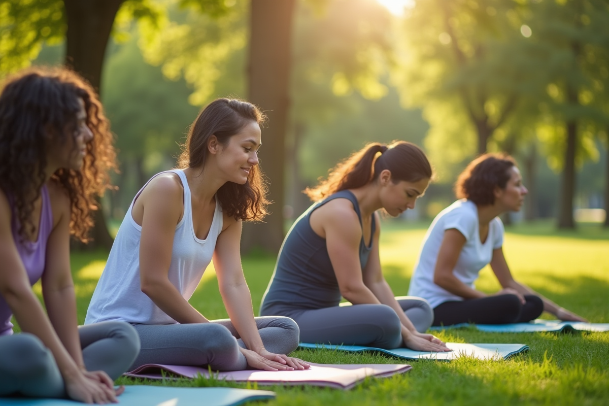 Groupe de personnes faisant du yoga dans un parc ensoleille