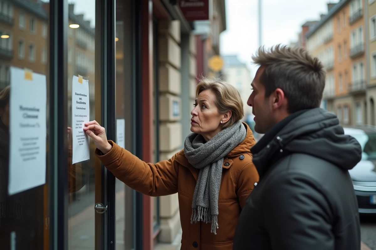 Habitants du quartier Hautepierre à Strasbourg lisant un avis de fermeture définitive affiché sur la vitrine d'un magasin de sport