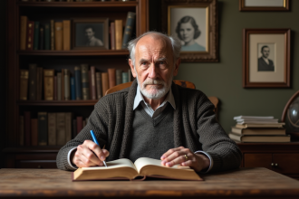 Homme âgé lisant un livre de famille dans un intérieur chaleureux