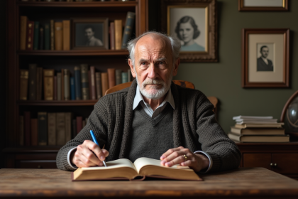 Homme âgé lisant un livre de famille dans un intérieur chaleureux