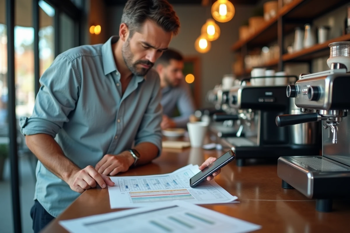 Homme analysant un tableau de points P100 imprimé et sur smartphone dans un café