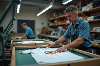 Ouvrier textile inspectant un t-shirt avec logo de football