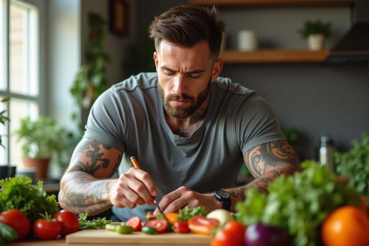 Homme athlétique avec tatouage facial préparant un repas végétarien