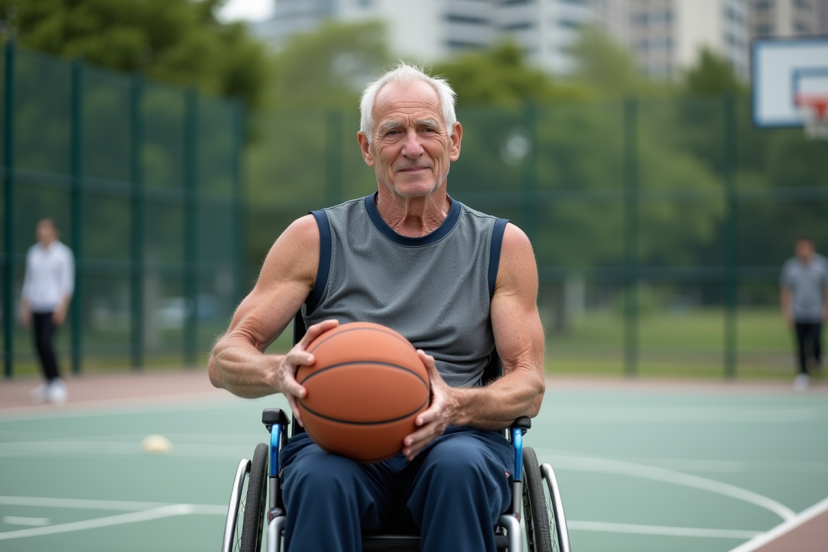 Homme en fauteuil jouant au basket en extérieur