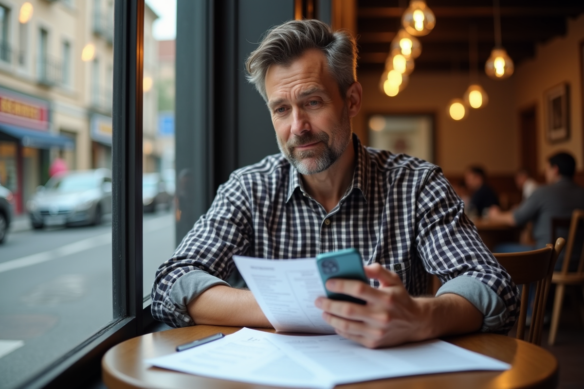 Homme au café regardant ses relevés bancaires