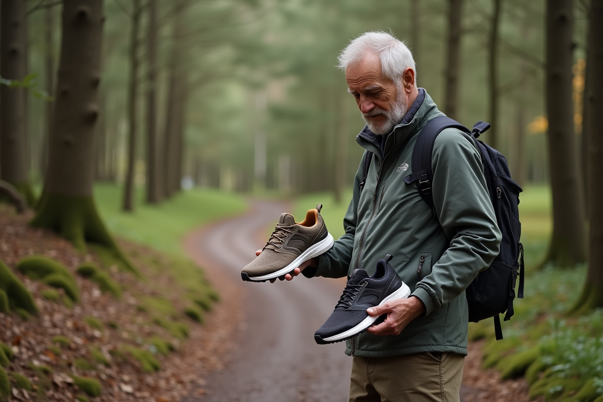 Homme âgé comparant deux paires de chaussures de sport en forêt