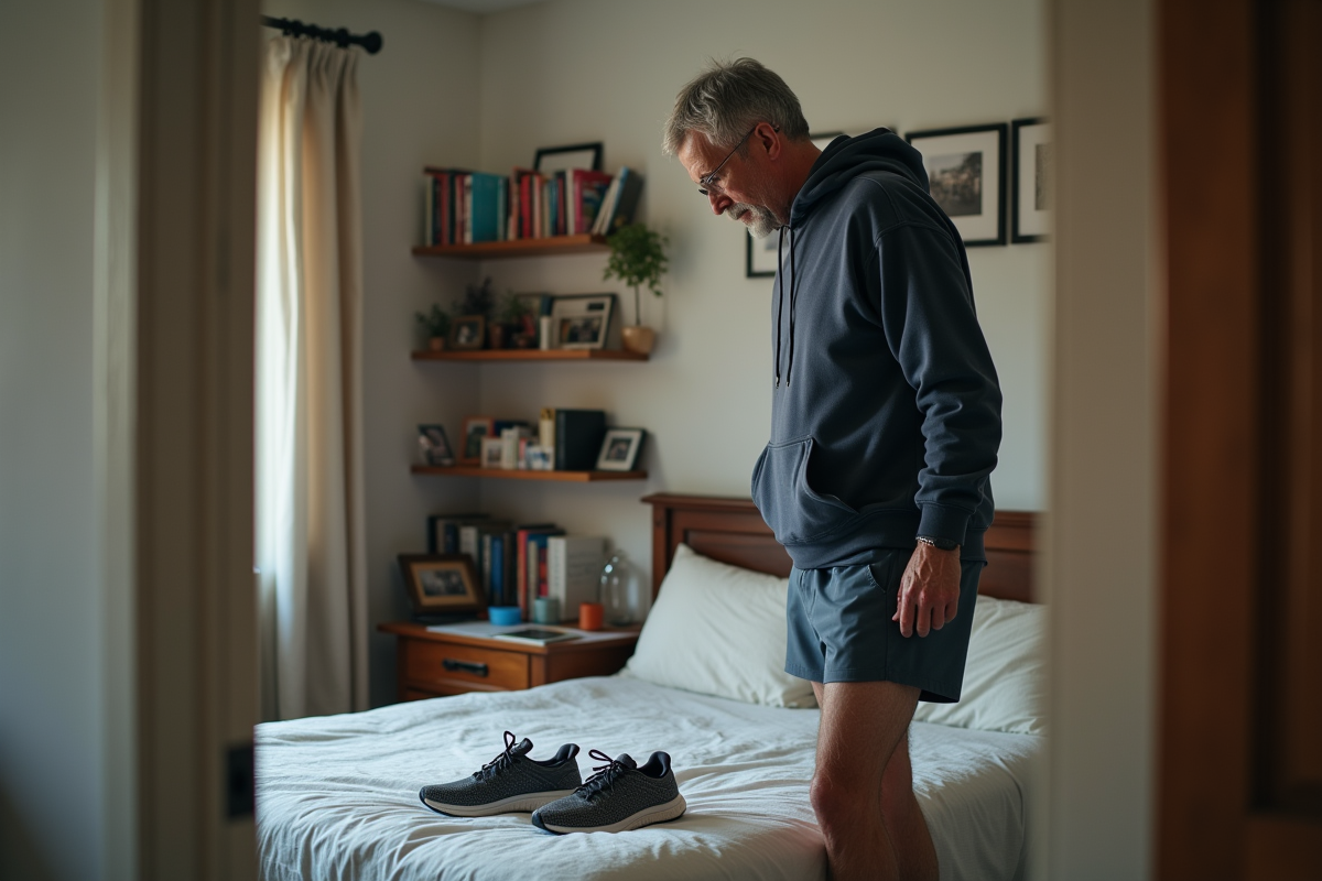 Homme en chambre comparant ses nouvelles et anciennes chaussures de sport