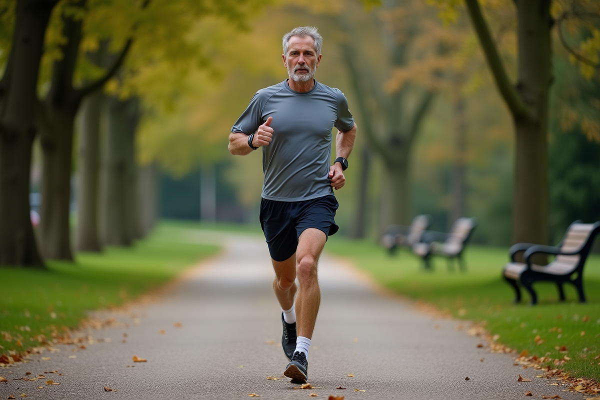 Homme courant dans un parc verdoyant en automne