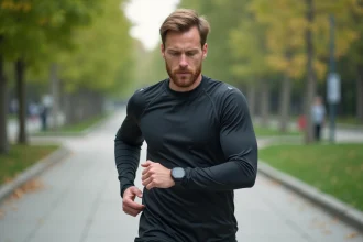 Homme sportif courant en ville avec montre connect&eacute;e