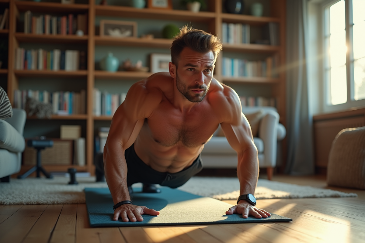 Homme faisant des exercices à la maison avec un tapis
