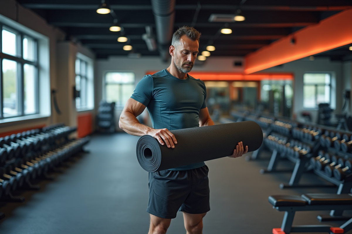Homme en salle de sport déployant un tapis de fitness