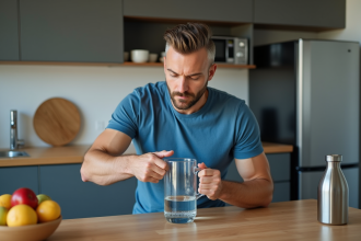 Homme en bleu remplissant une carafe d'eau dans la cuisine