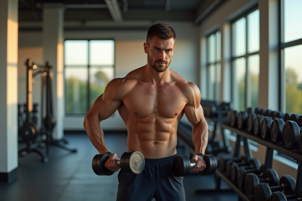 Homme musclé soulevant haltères dans un gym lumineux