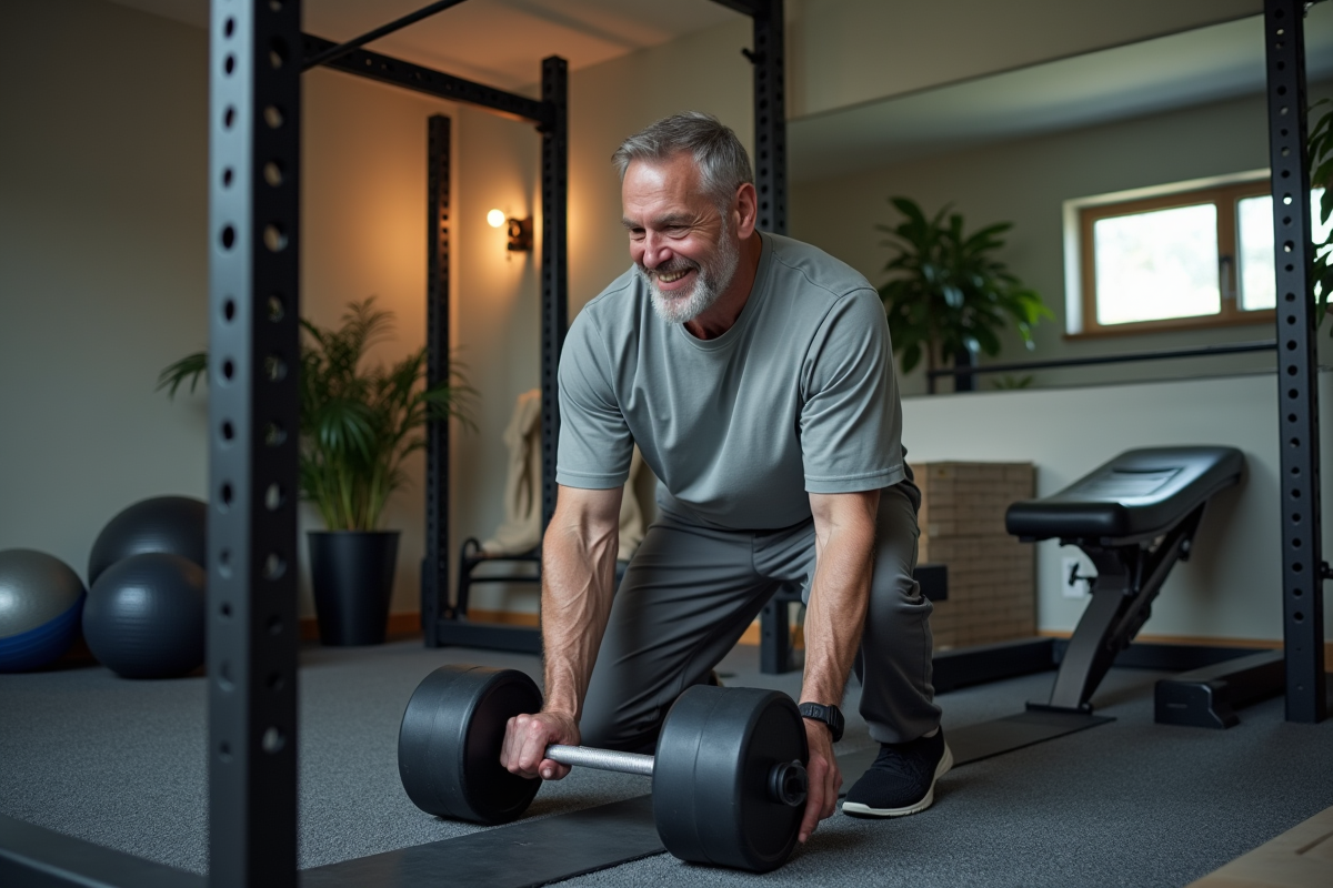 Homme ajustant des poids dans un gymnase maison