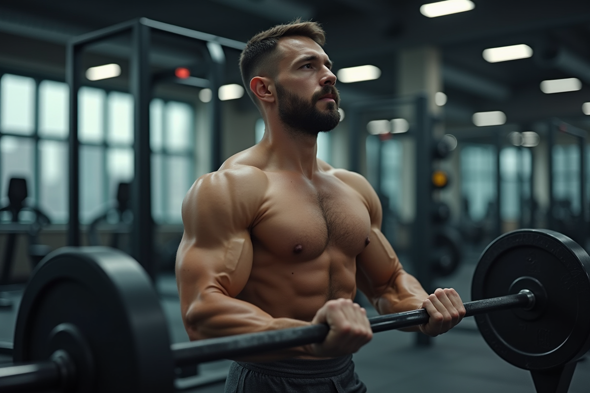 Homme concentré soulevant des poids dans une salle de sport moderne