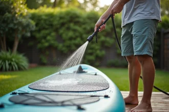 Homme en short et t-shirt rinçant son paddle dans le jardin