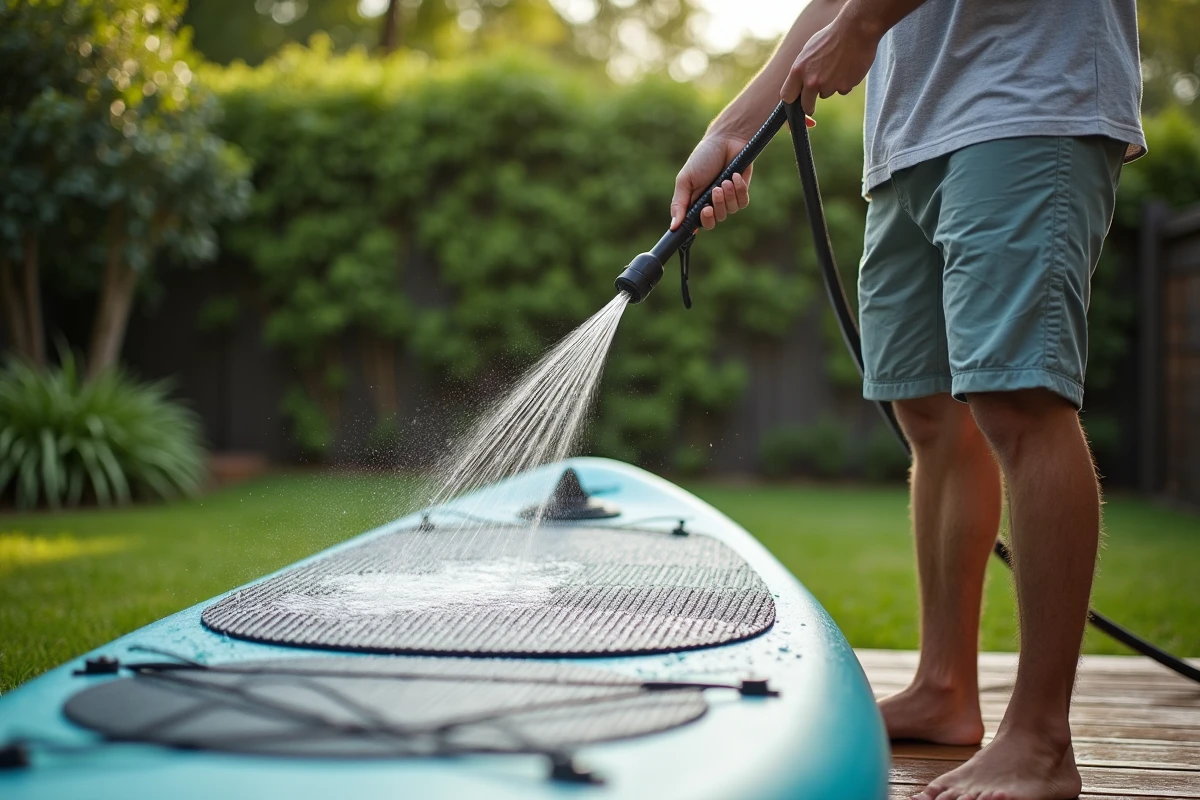 Homme en short et t-shirt rinçant son paddle dans le jardin
