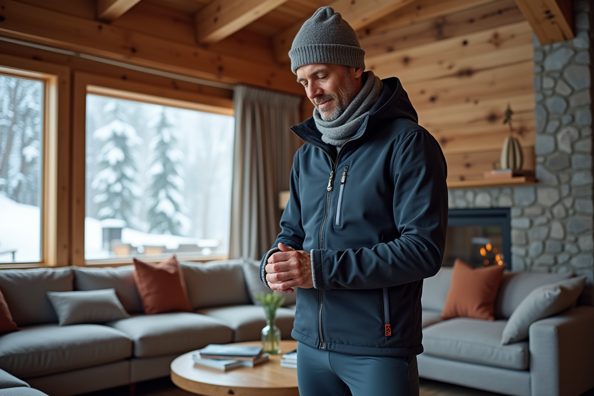 Homme ajustant son pantalon de ski dans un lodge alpin enneigé