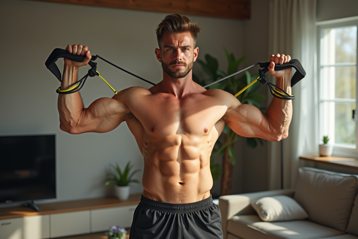 Homme en tenue de sport utilisant bandes de résistance pour épaules