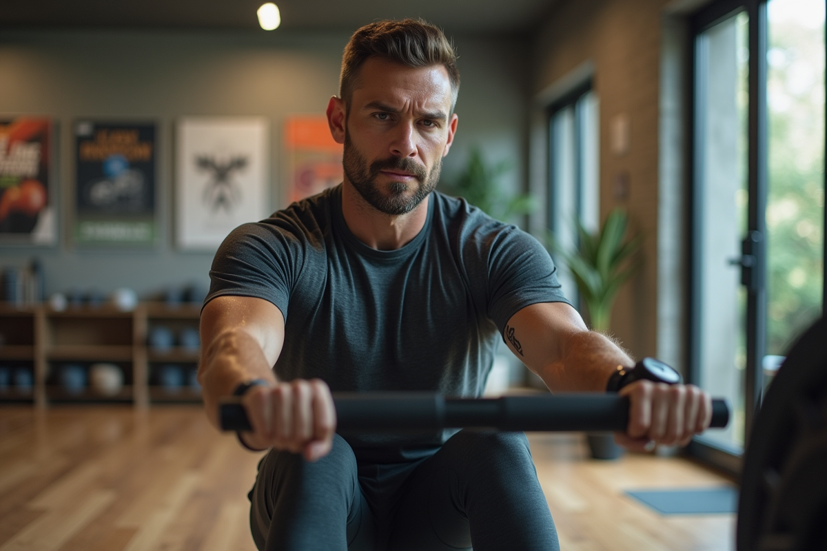 Homme d'âge moyen en tenue de sport utilisant un rameur à domicile