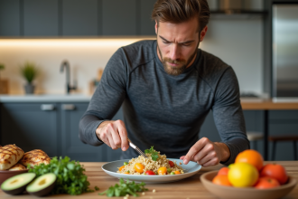 Homme sportif préparant un repas sain dans la cuisine