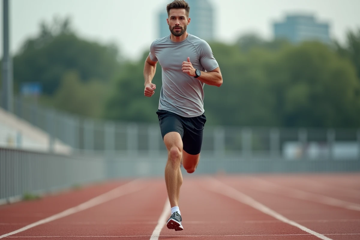 Homme courant en sprint dans un parc urbain dynamique