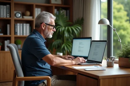 Homme d'âge moyen remplissant un formulaire sur son ordinateur dans un bureau moderne