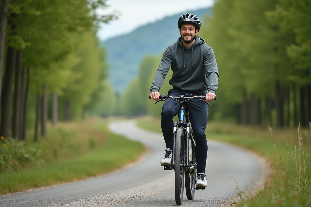 Jeune homme en vélo dans la forêt en pleine nature