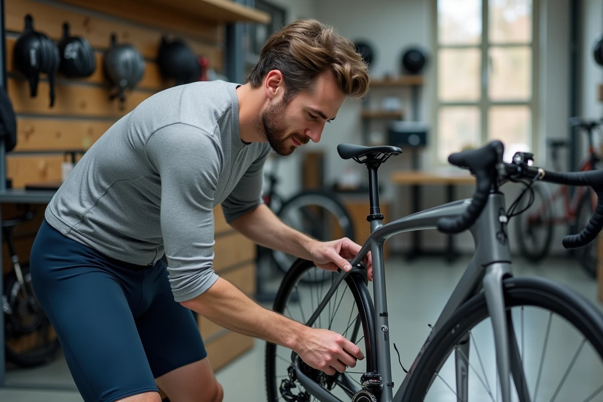 Cycliste inspectant le cadre carbone d'un Van Rysel RCR d'occasion dans un magasin de vélos, recherche de défauts avant achat
