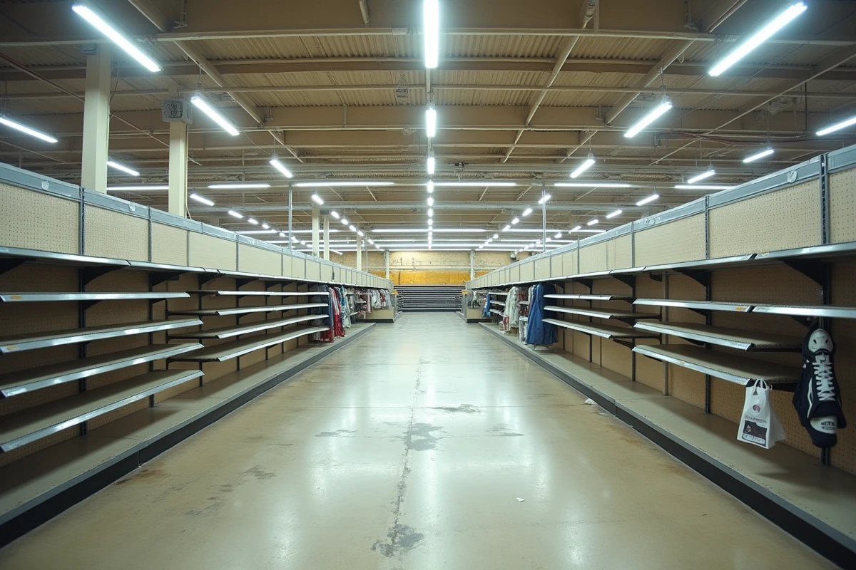 Intérieur vide d'un magasin de sport abandonné avec rayonnages métalliques déserts et sol marqué par les anciennes installations