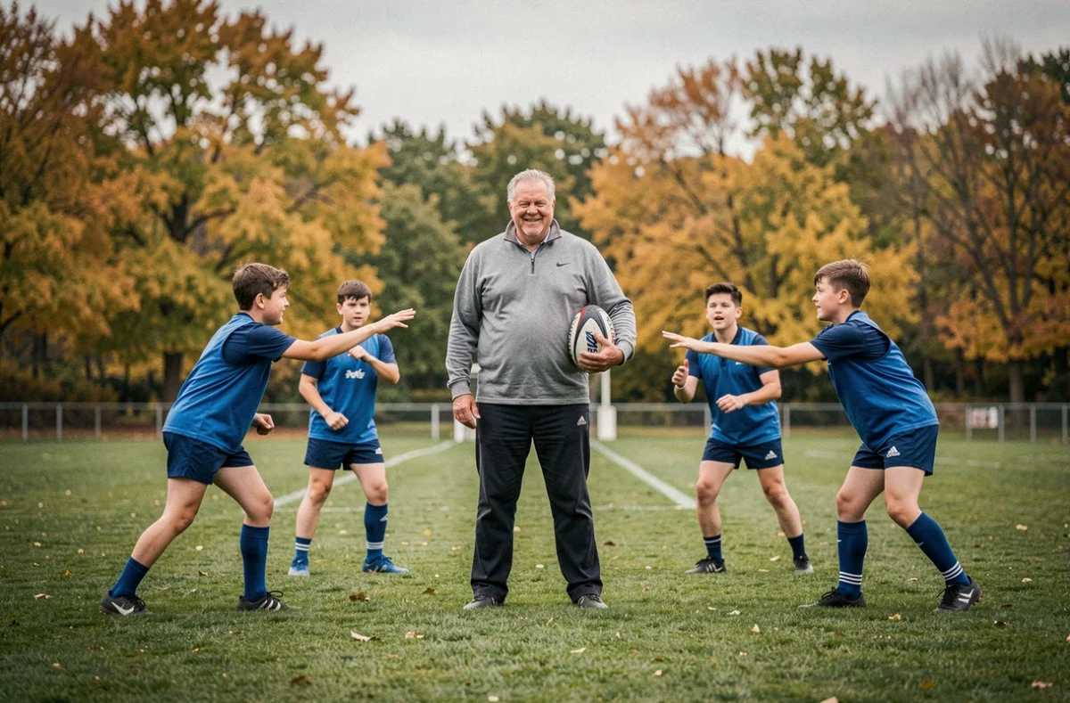 Ancien international de rugby français supervise un exercice de passe avec des adolescents sur un terrain en plein air
