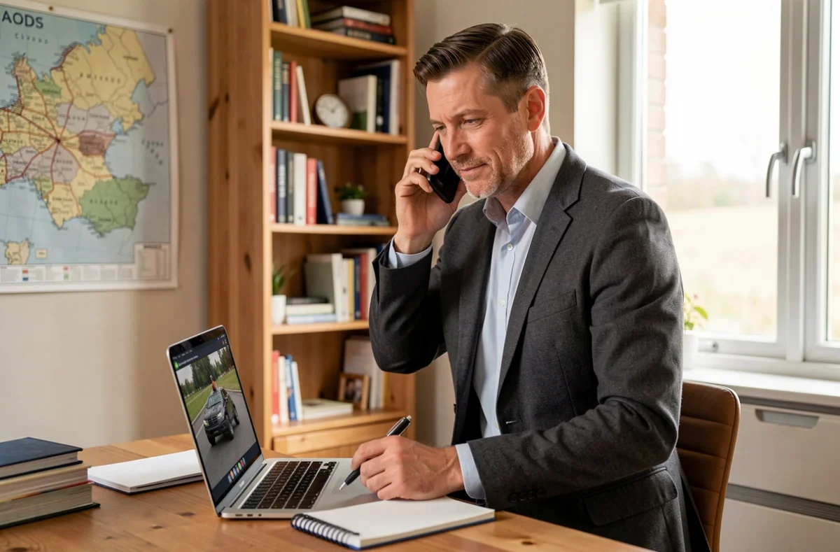 Homme consultant la plateforme Jesuiscoach pour trouver un coach certifié dans le Calvados depuis son bureau à domicile