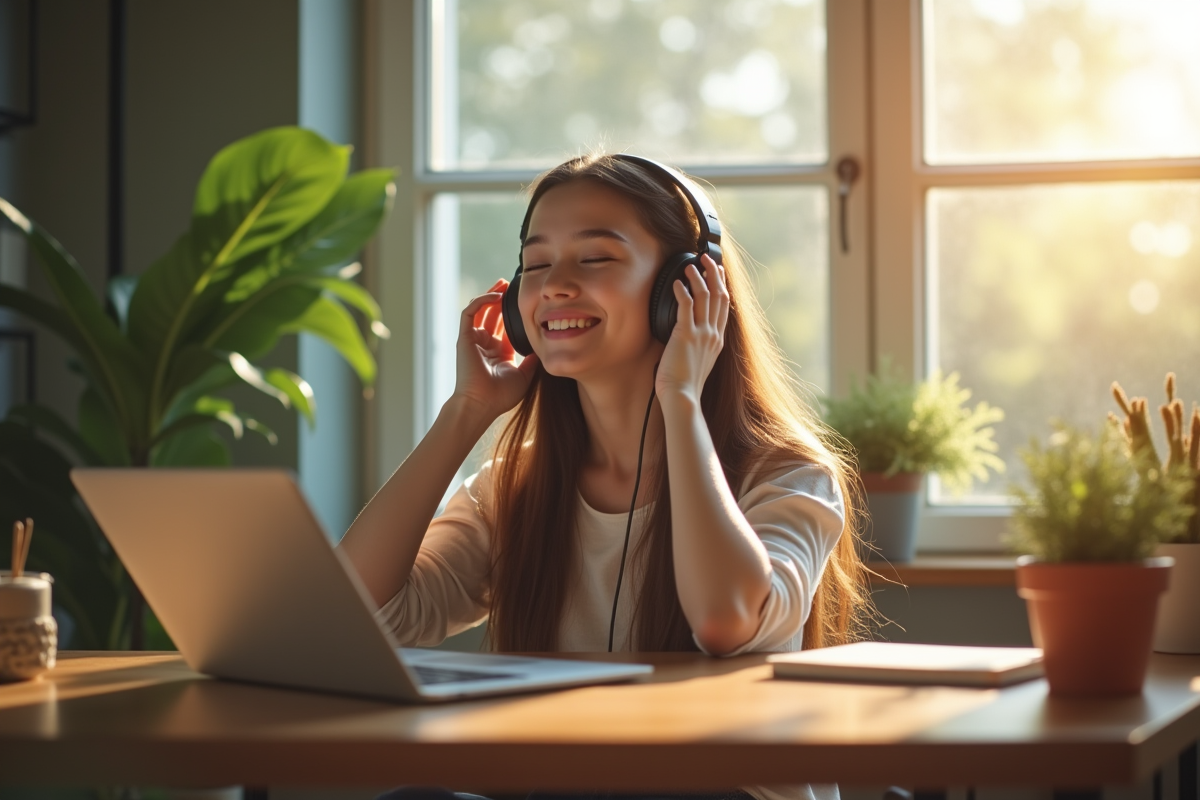 Jeune adulte avec headphones ouverts profitant de la lumière naturelle