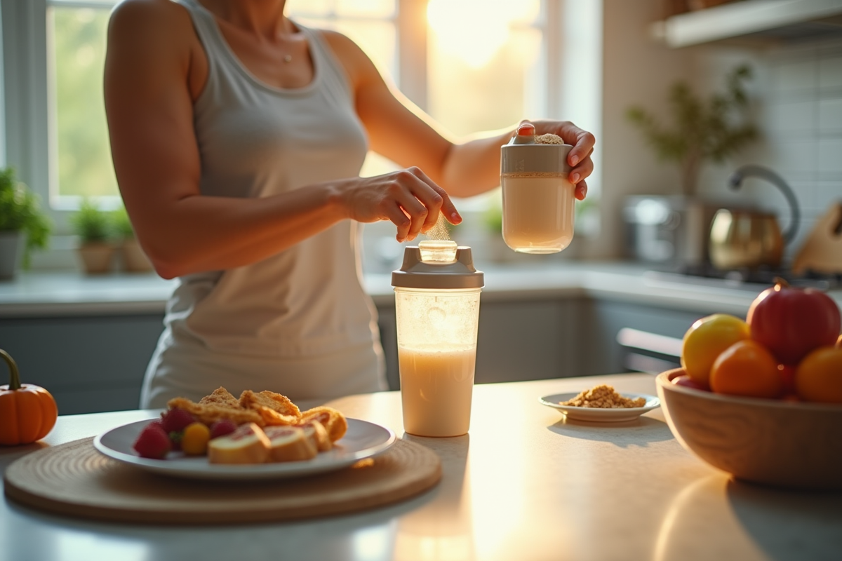 Jeune adulte préparant un shake protéine dans une cuisine lumineuse