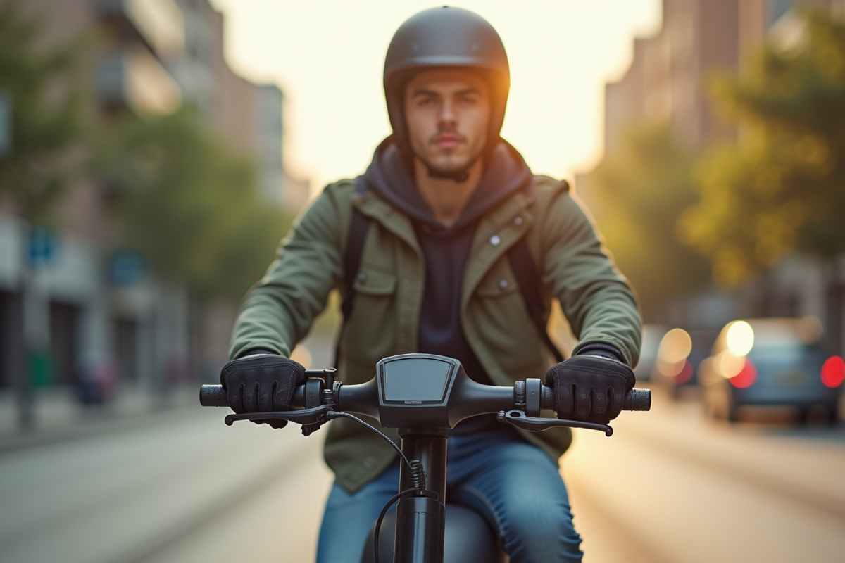 Jeune adulte en scooter électrique en ville avec casque et gants