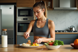 Jeune athlète préparant un repas sain dans la cuisine