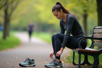 Jeune femme en leggings s'apprêtant à courir dans un parc