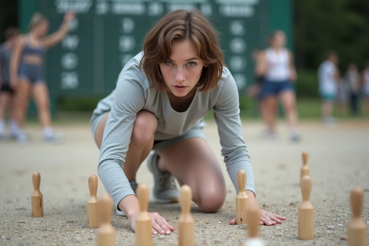 Jeune femme concentr&eacute;e alignant des quilles molkky en ext&eacute;rieur