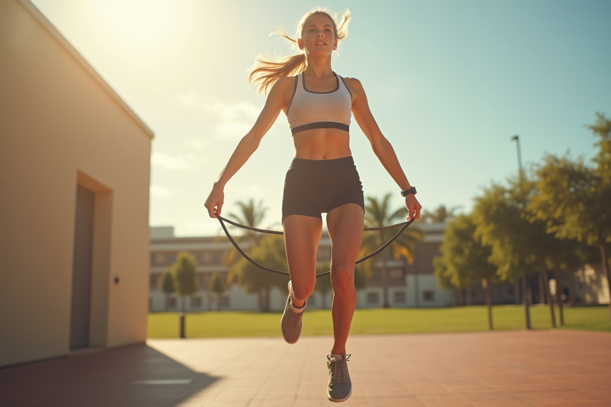 Jeune femme sportive sautant à la corde en extérieur en plein jour